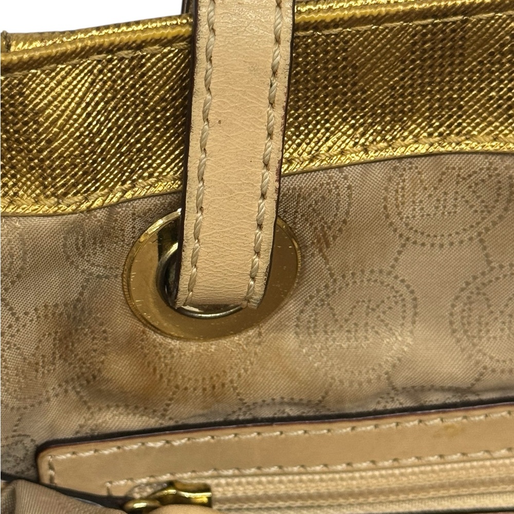 Michael Kors Jet Set East West Signature Gold Metallic Tote Purse Shoulder Bag - Picture 12 of 16